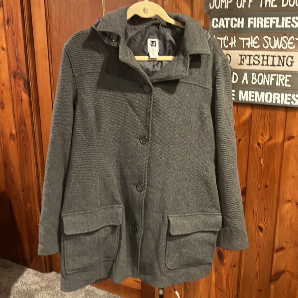 Gap Gray Corduroy Like Hooded Coat XL Wool Blend